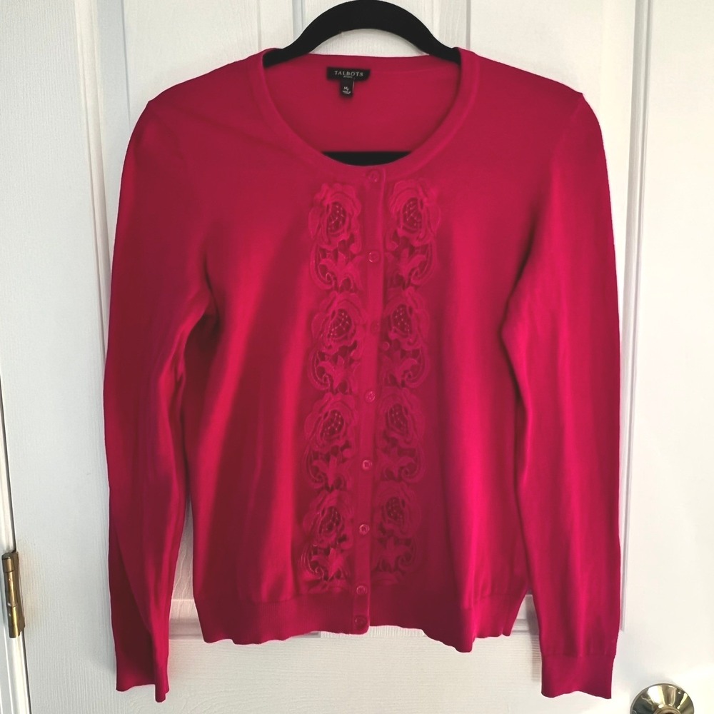 Talbots Petite M Floral Lace‎ Applique Cardigan Sweater Fuchsia Button Front